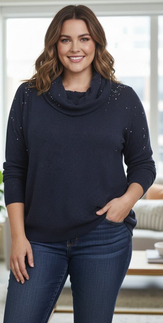 Lane Bryant 4x 26/28 Navy Blue Sparkle Cowl Neck Soft Fleece Sweater NEW!